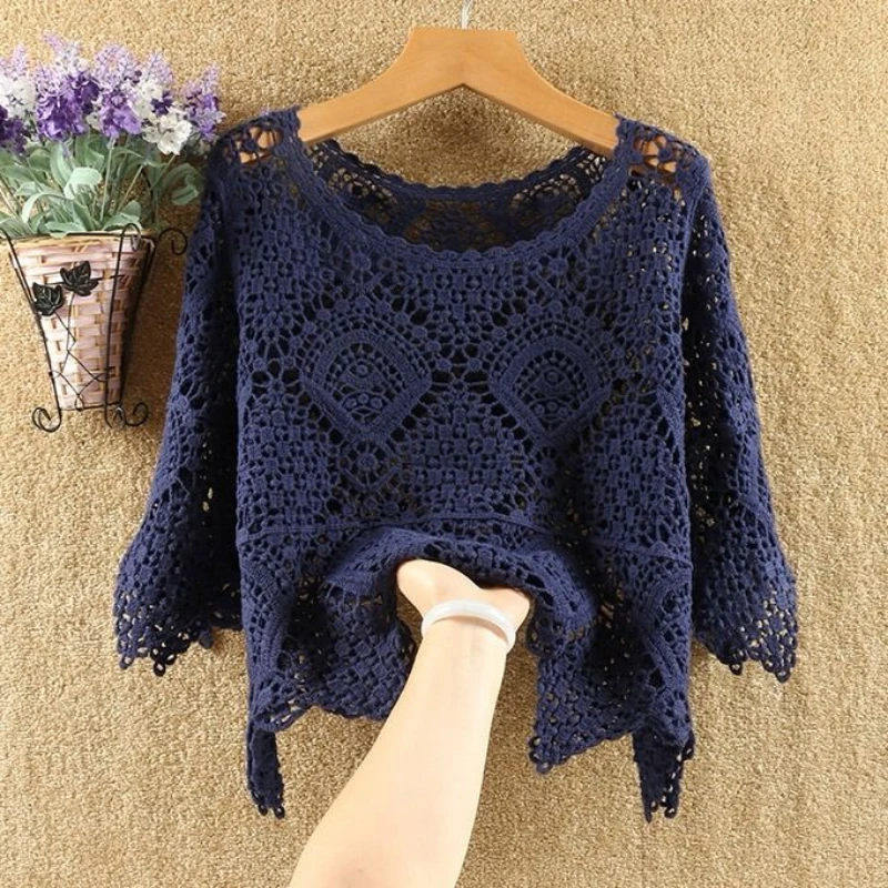 Female Knitted Hollow See-Though Cover Up Top for Women Full Sleeve Solid Loose Beach Knitwear Long Sweater Blouse Summer Q318