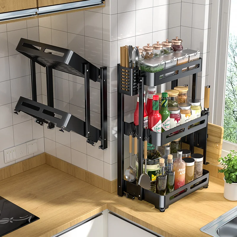 

Черная складная кухонная полка для специй, настенная чаша без перфорации, ящик для хранения приправ, бытовой уголок