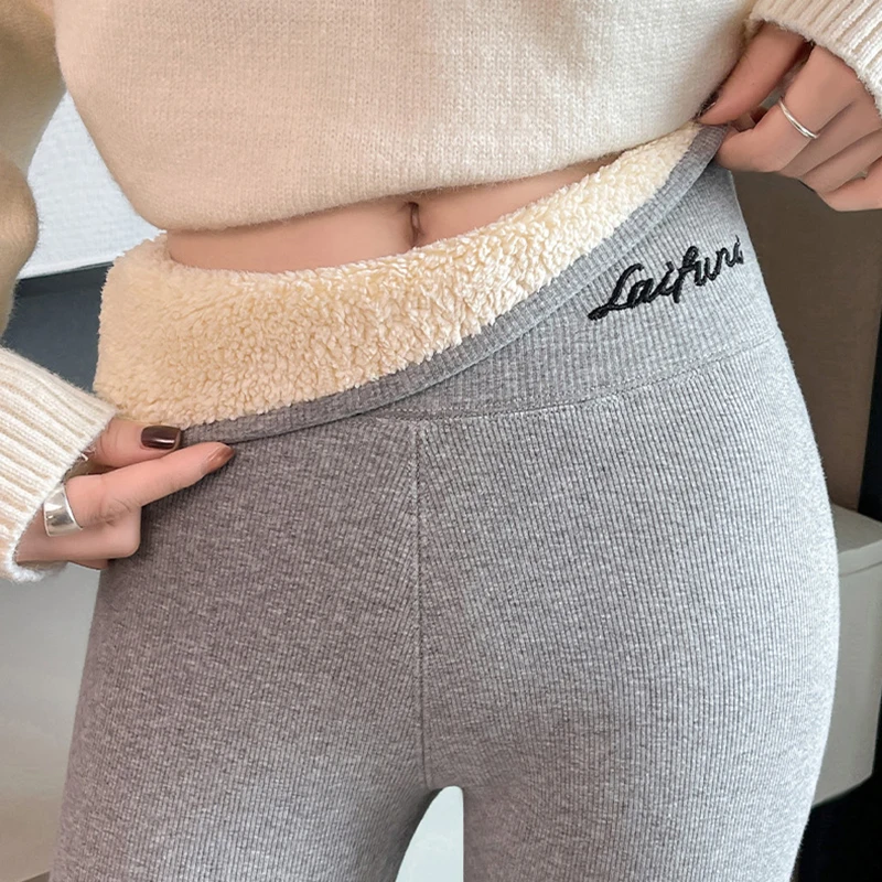 الشتاء رشاقته الحرارية طماق النساء مريحة عالية الخصر مرونة بناطيل تدفئة امرأة صوف مبطن المخملية إبقاء بناطيل تدفئة #2