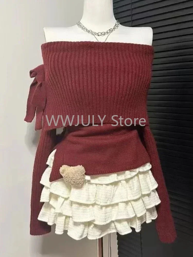 Winter Kawaii Sweet 2 Piece Set Woman Off Shoulder Bow Knitted Tops + Mini Cake Skirt Female Korean Fashion Casual Suit 2024 New