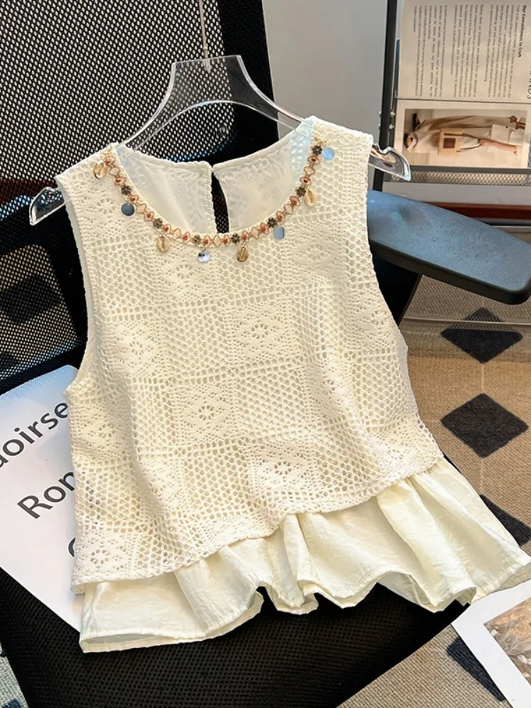   Kolorowa kamizelka na ramiączkach damska letnia bielizna wewnętrzna i na zewnątrz, imitacja dwuczęściowego stroju, łączona, ażurowa, wyszczuplająca, krótki top.