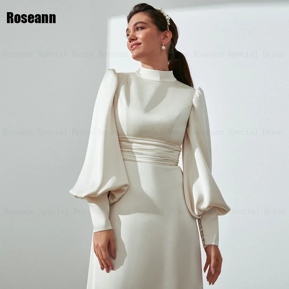 Customized Muslim Simple High Collar Ivory Mermaid Wedding Dresses Button Full Satin Draped Pleat Bride Gown robe de mariée 2025