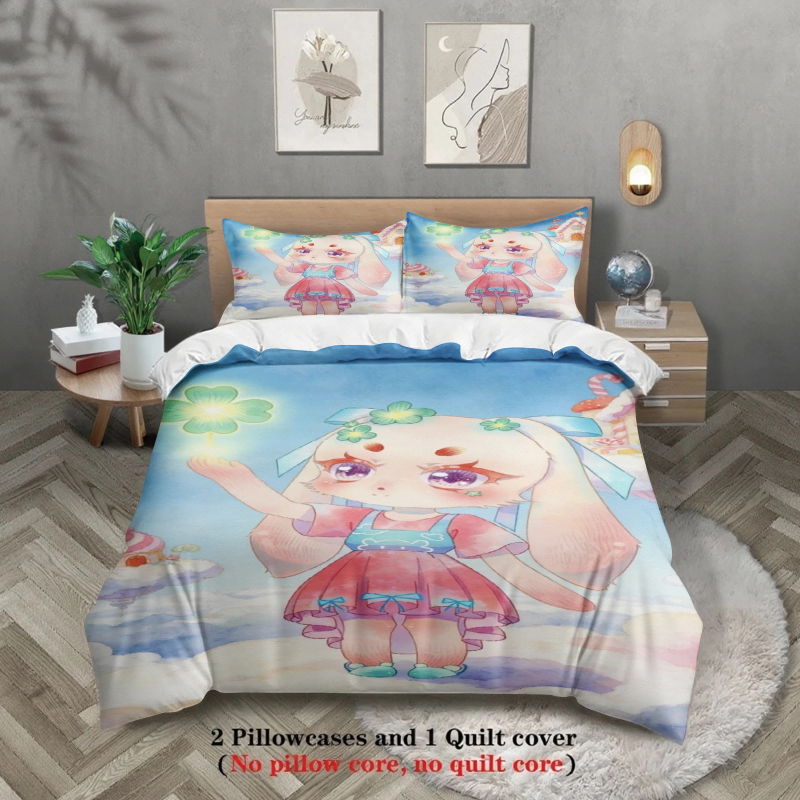 Softville Cozy Town 3PCS Bedding Sets Lop Rabbit Holding Four-Leaf Pinted Duvet Cover No filling Cartoon Style Queen King Size