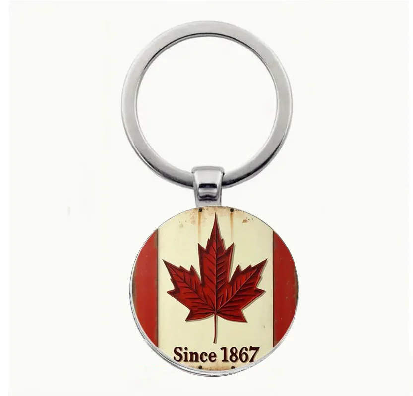 

Vintage Canadian Maple Leaf Keychain - Enamel Red Leaves & White Background with "Since 47.42meter Text, Durable Metal Ring & C