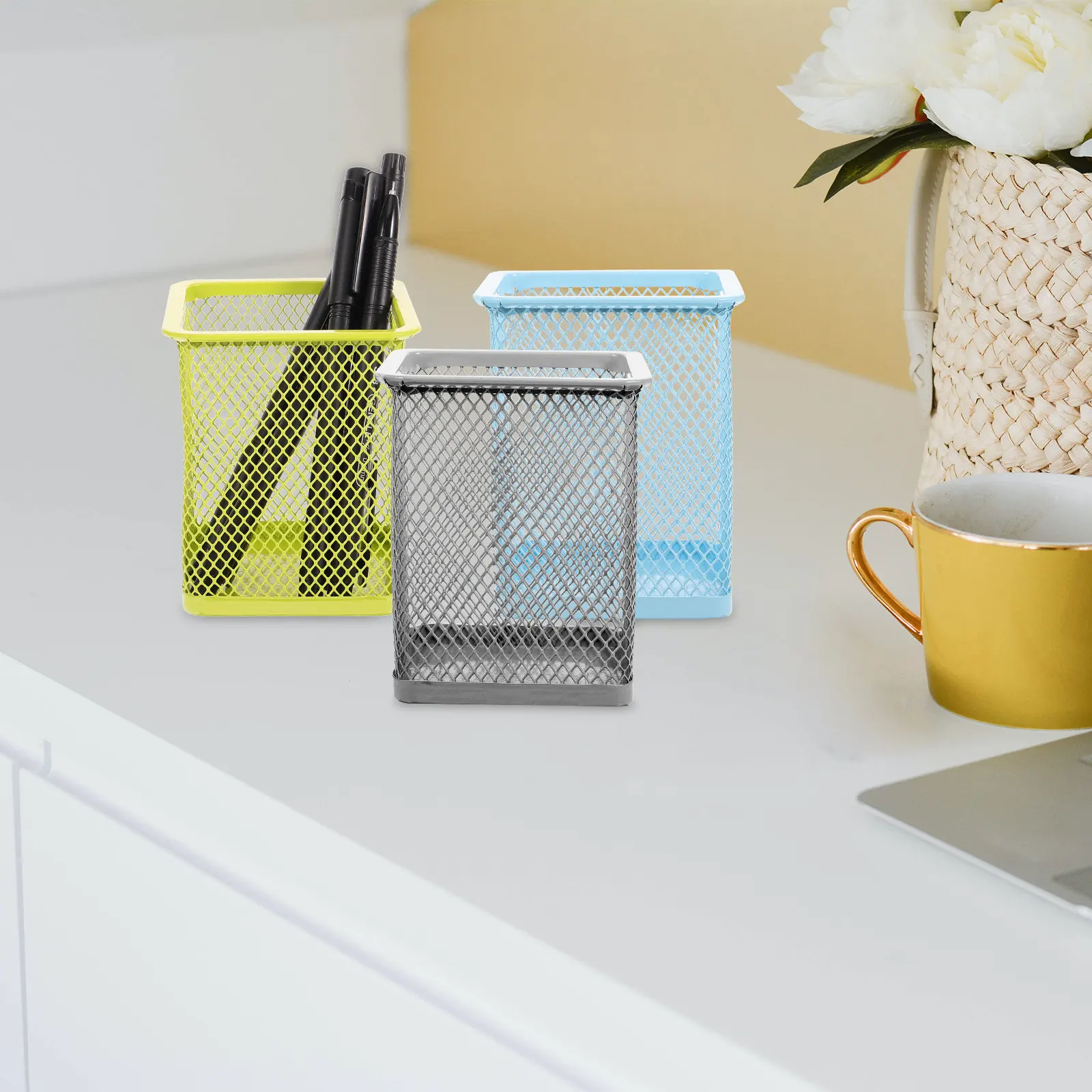 

3Pcs Mesh Desk Pen Holder Metal Pencil Holder Brush Cup Desktop Organizer for Office Home School Stationery Decoration