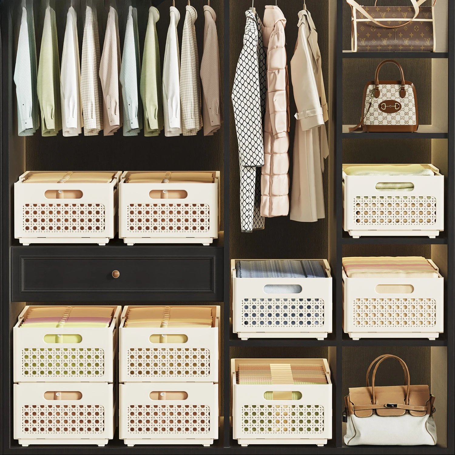 Expandable Wardrobe Storage Basket, Layered Sorting Organizer for Seasonal Clothes & Pants Bedroom Use