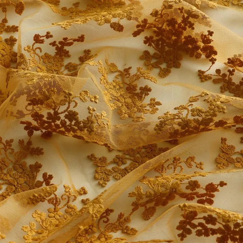 High Density Mesh Cotton Embroidered Fabric Qipao Dress Soft Chiffon Lace Yellow Floral Vintage Fashion Clothing Fabric