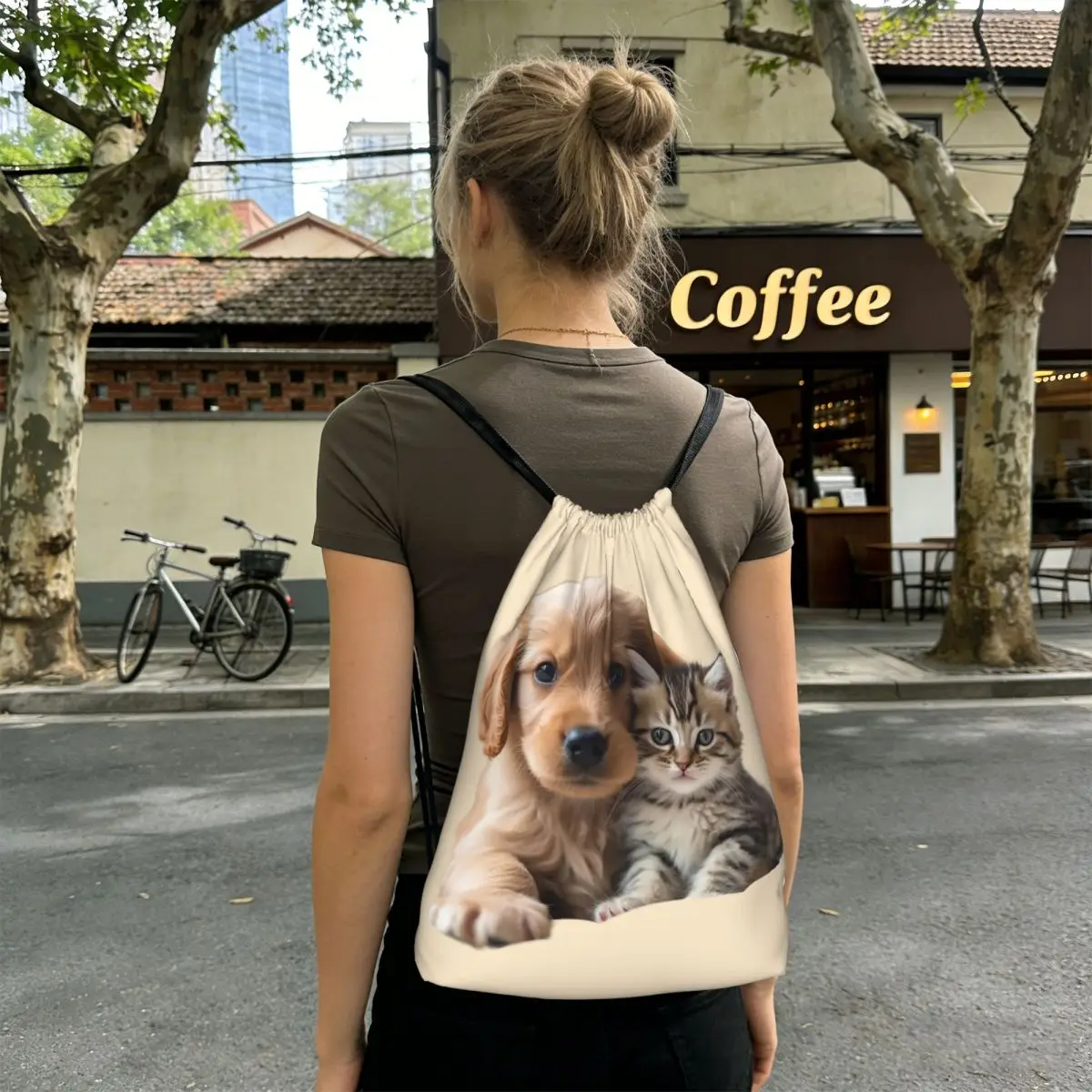 Adorable Dog Puppy And Kitten Friends Backpacks Fashion Drawstring Bags Shoes Bag Book Bags for Man Woman School