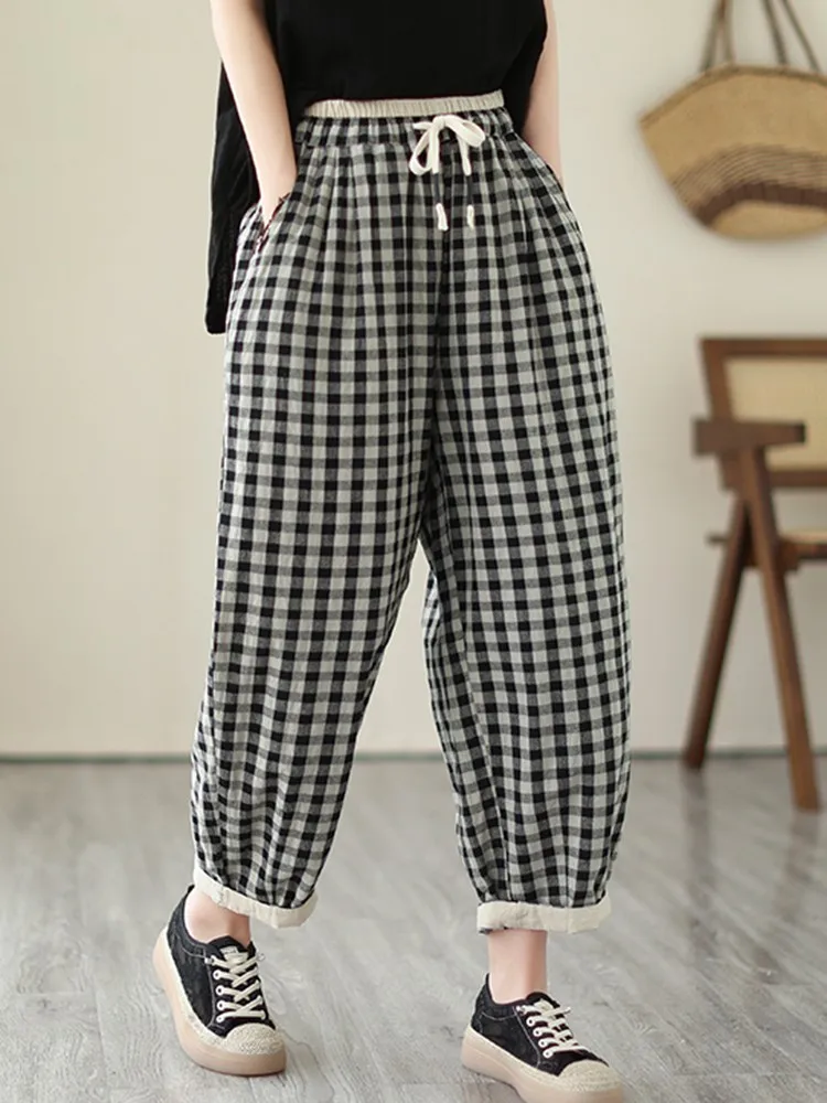 Women Casual Ankle-length Pants New Arrival 2023 Autumn Vintage Style Plaid Pattern Loose High Waist Female Harem Pants B2925