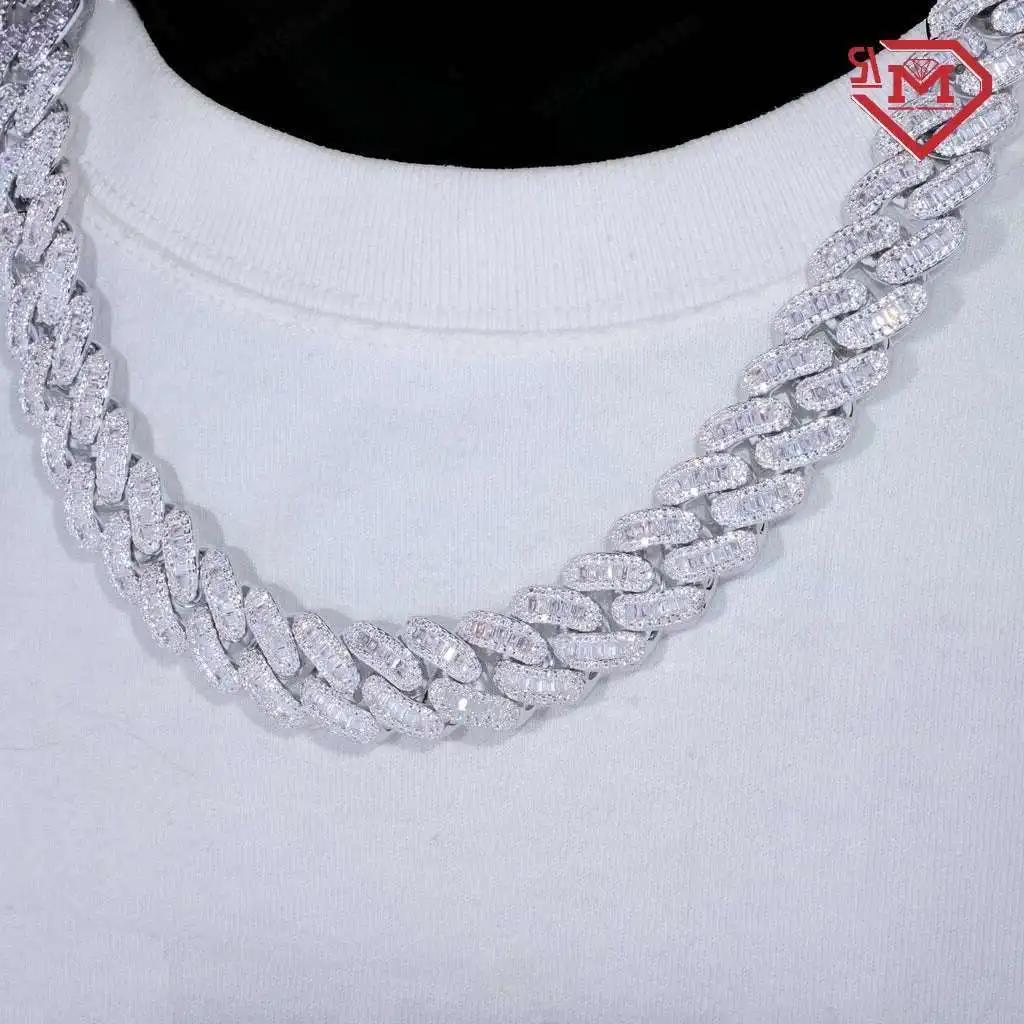 

Buss Down 925 Silver Miami Cuban Link Chain With Gra Certificate 16mm Baguette Big Iced Out Moissanite Cuban Chain