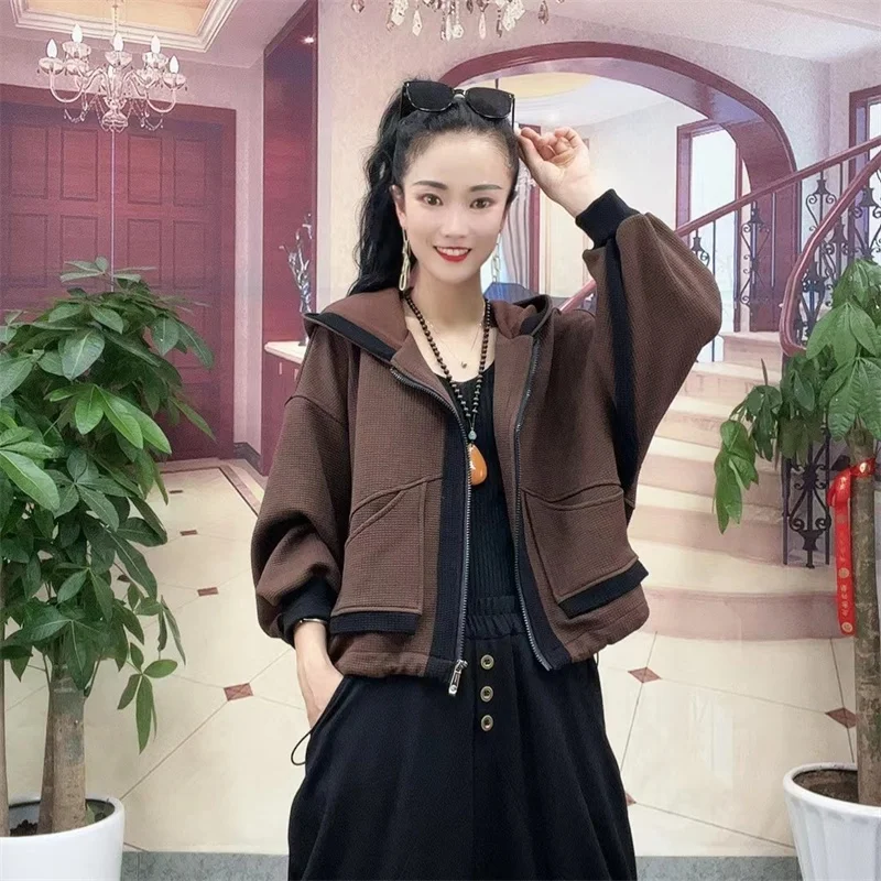 

2024 Early Spring Autumn New Women's Short Coat Hooded Loose Versatile Women's Top Casual cardigan jacket Western style Commuter