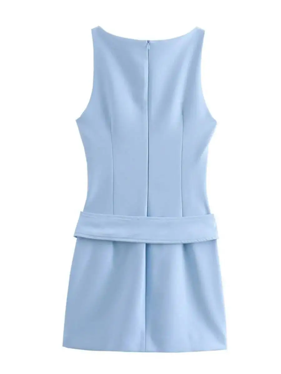 Dames zomer effen kleur mouwloos ronde hals mini-jurk elegante riem decoratie rits casual dames korte jurken 52Z0