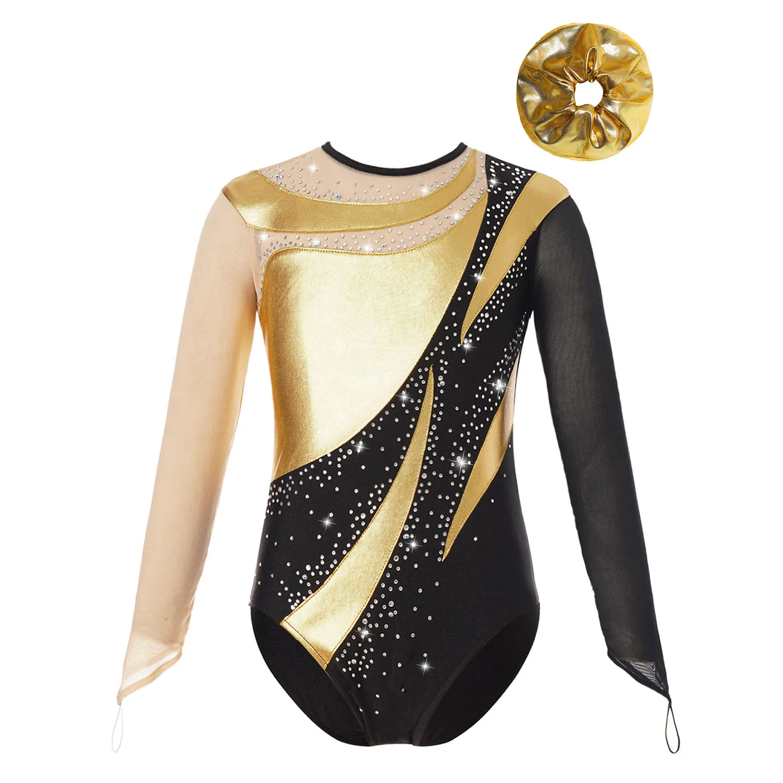 Kids Girls Ballet Gymnastics Leotard Rhinestone Mesh Long Sleeve Jumpsuit Tumbling Bodysuit with Shorts Hair Band Set Costumes