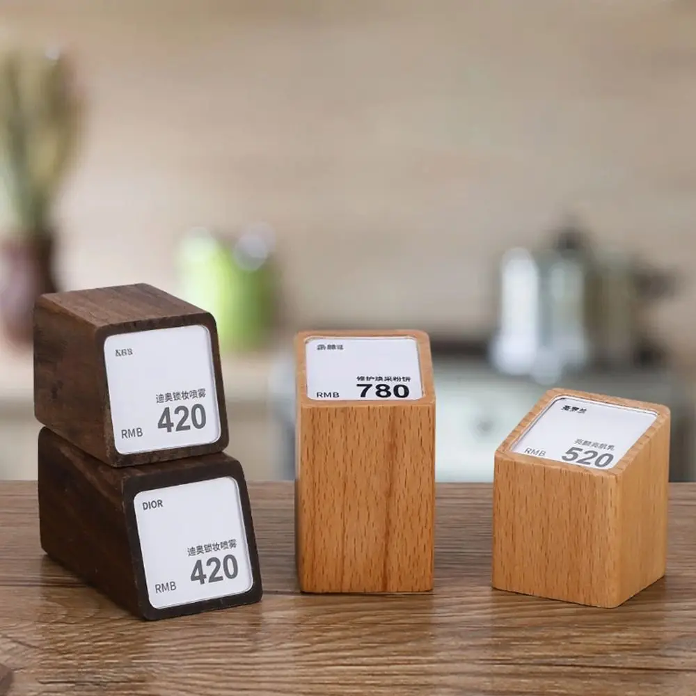Multi-size Price Tag Holder Acrylic Window Kahki Coffee Display Stand Price Labeling Rack Wood Base Name Card Tags Holder view 2