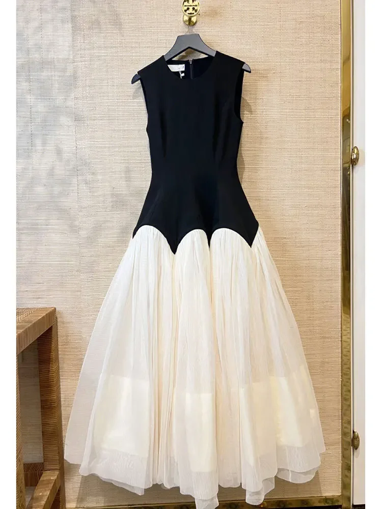 ฤดูร้อนใหม่ชุดราตรี Vestidos Elegant ตาข่าย Patchwork ชุดผู้หญิงสีบล็อกวินเทจแขนกุด O-คอสาย