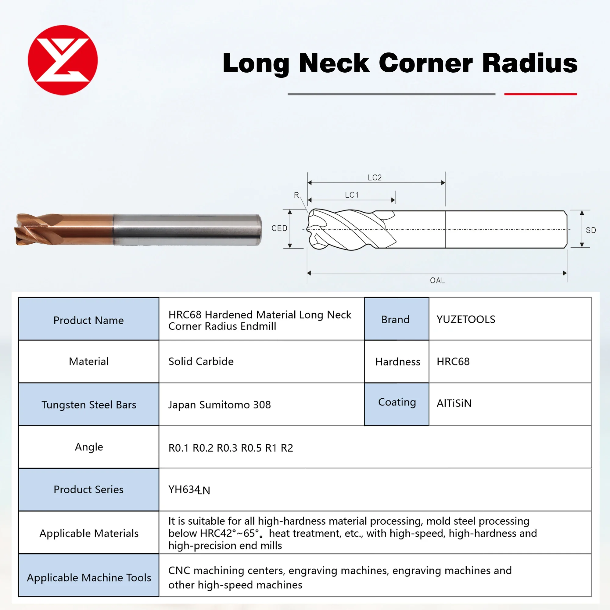 4Flute HRC68 Carbide Bull Nose Corner Radius End mill R0.2 R0.5 R1 R2 CNC R Bullnose Milling Cutter for Steel Hardened materials