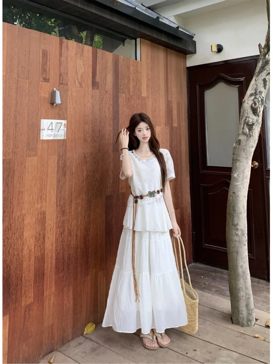 

Bohemian Style Fashion Set Women's Spring 2026 New Hollow out Cover up Cake Skirt Two Piece Set Casual Loose Fit