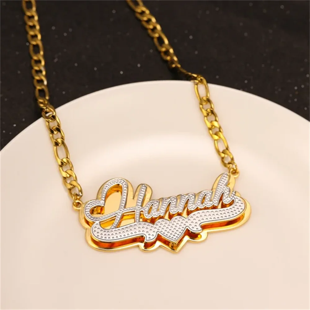 

3D Custom Nameplate Necklace Double Layer Two-Tone Nameplate 18K Gold Plated 3D Name Necklace Customized Stainless Steel Jewelry