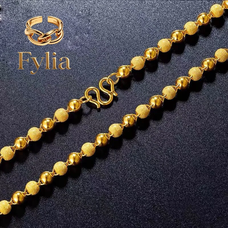 Fylia Jewelry   Luxury 24K 9999 Pure Gold real gold Men's and Women's Necklace One Light Sand Ball Chain Frosted Light Bead Neck