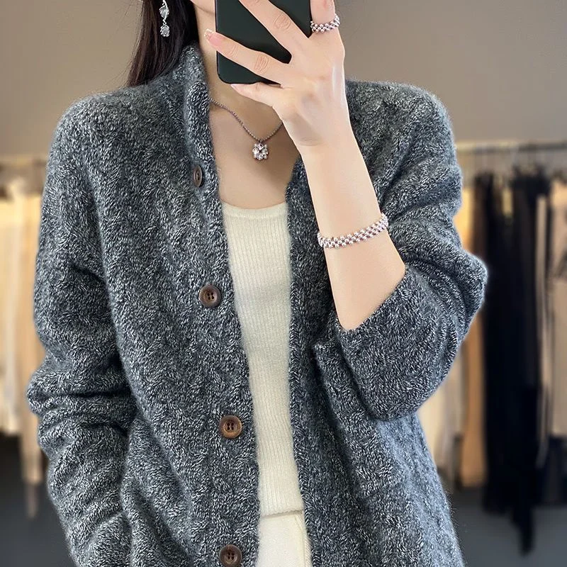 

Mid-Long Cardigans Pink Womens Winter Fitted Fur-Trim Rib-Knit Chunky Comfort Buttoned Turtlenecks Loose-Thickened Feminine Slim
