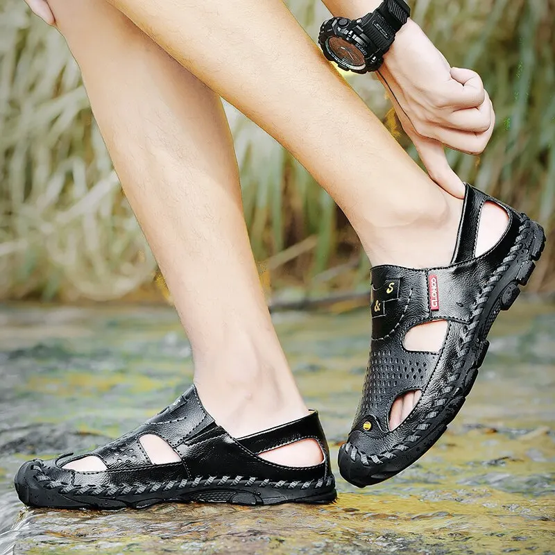 Men Genuine Leather Shoes Men\'s Sandals Durable Handmade Stitching Close Toe Non Slip Shoes For Indoor Outdoor Beach Casual