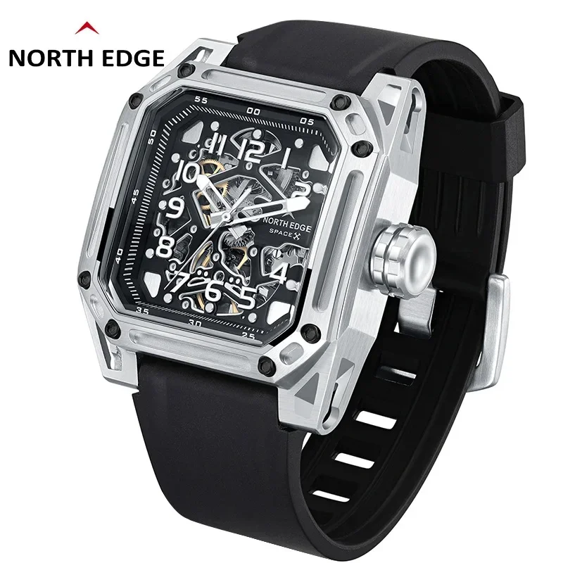 NORTHEDGE 2024New Square movimento gabbiano in acciaio inossidabile orologio meccanico impermeabile Balance Wheel Hollow orologio da uomo luminoso