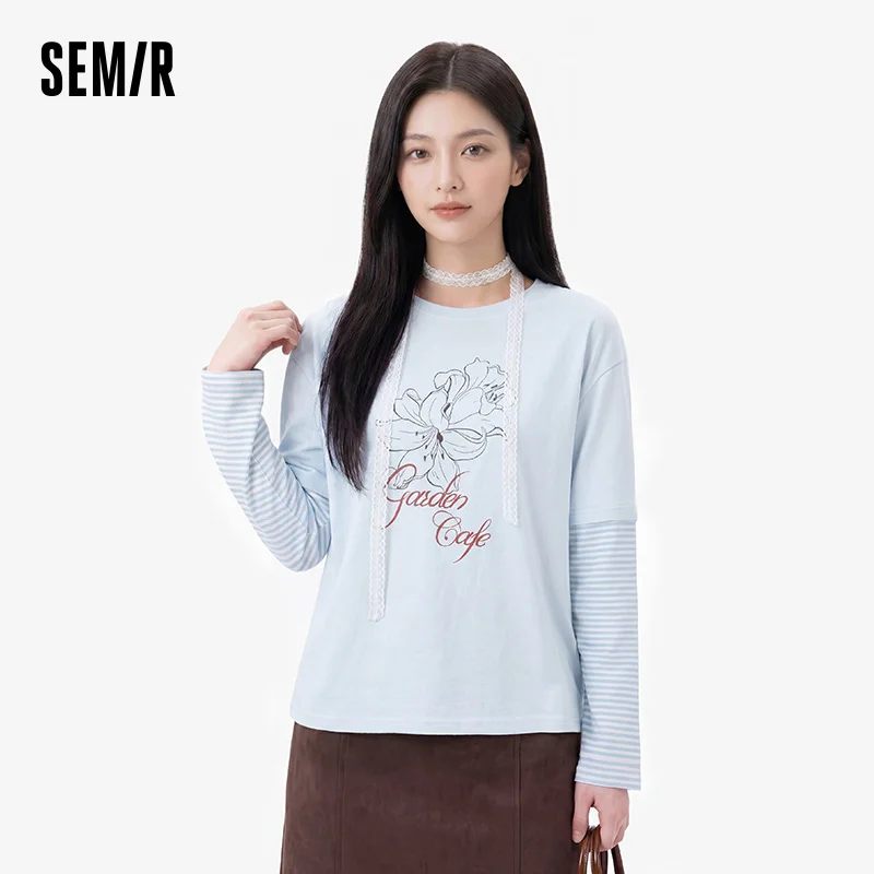 Semir Women Tshirt Long Sleeve Oversize Stripe Faux Two Piece Print Dropped Shoulder Street Casual Top Daily Wear 2026