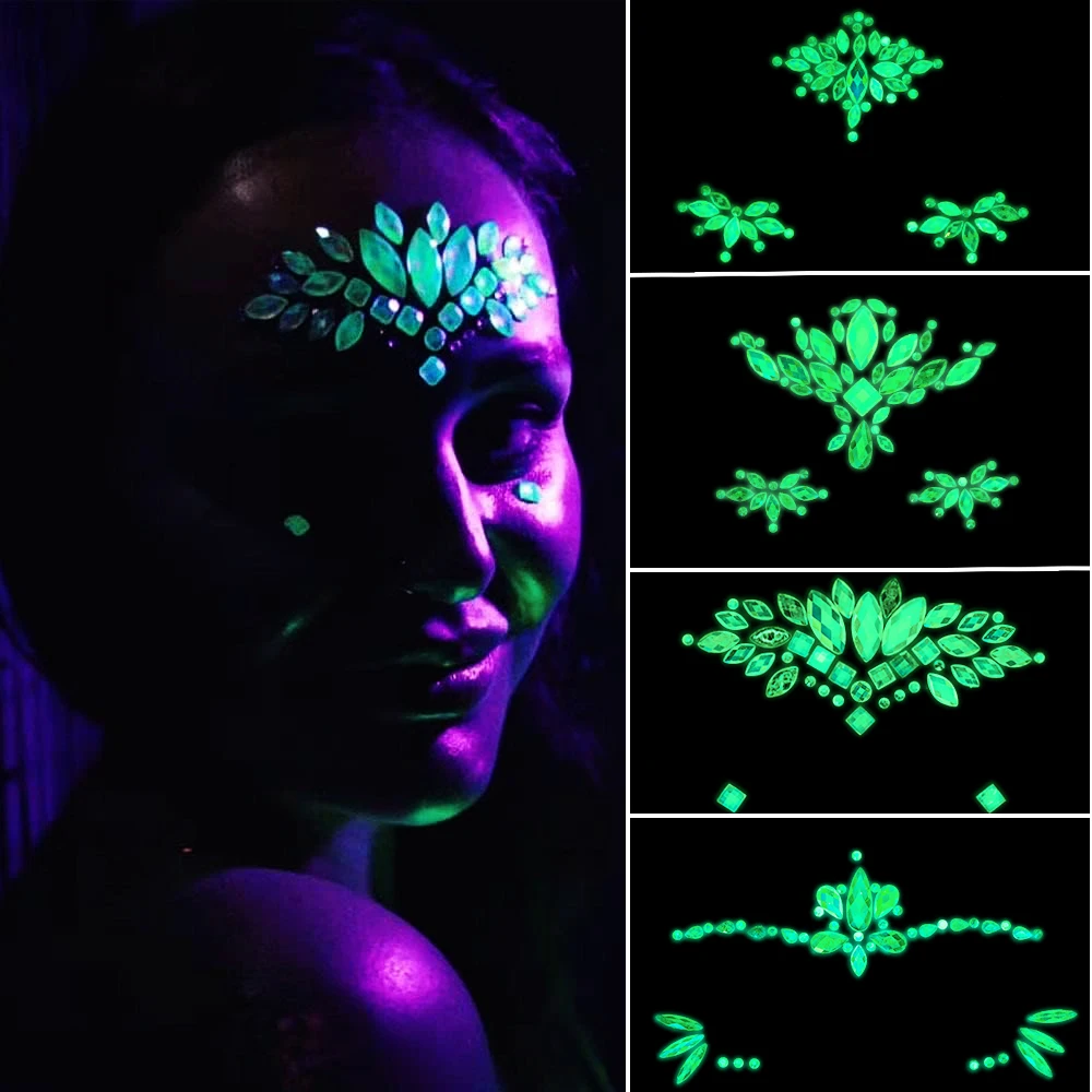 4pcs Glow in the Dark Face Rhinestones Tattoo Stickers Luminous Face Gems Tattoo Body Jewelries Sparkly Party Festival Makeup Y8