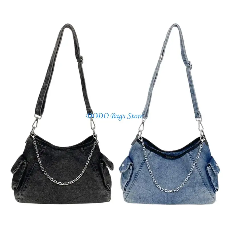 

E8FB Casual Oversized Jean Shoulder Bag Spacious Interior Practical Fabric Crossbody Bags Women's Daily Essential