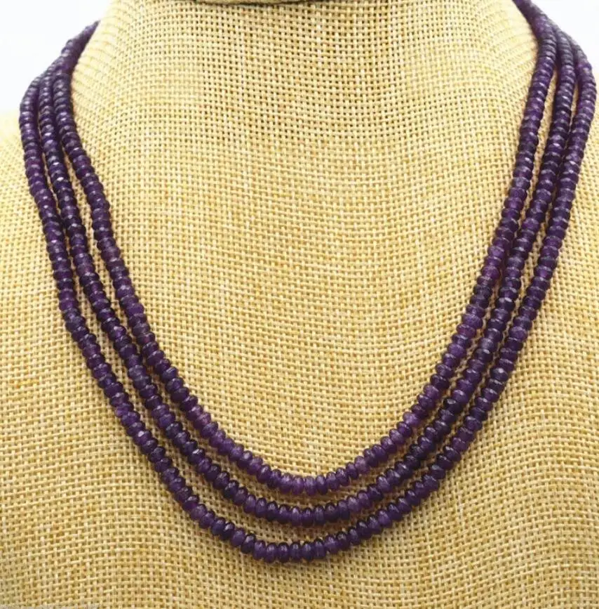 

New NATURAL 3 Rows 2X4mm FACETED Amethyst BEADS NECKLACE AAA