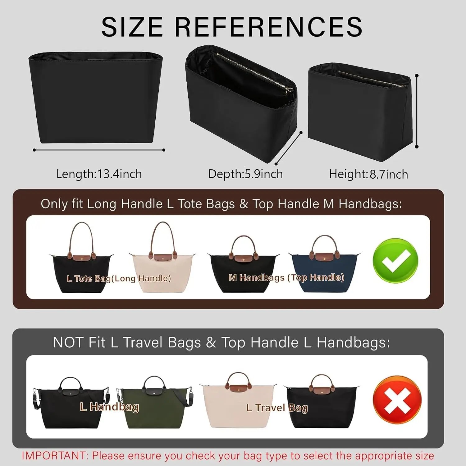 Bag Organizer Insert for Longchamp Bag Nylon Material Super Strong Fit Bag Support Handbag Insert Accessories