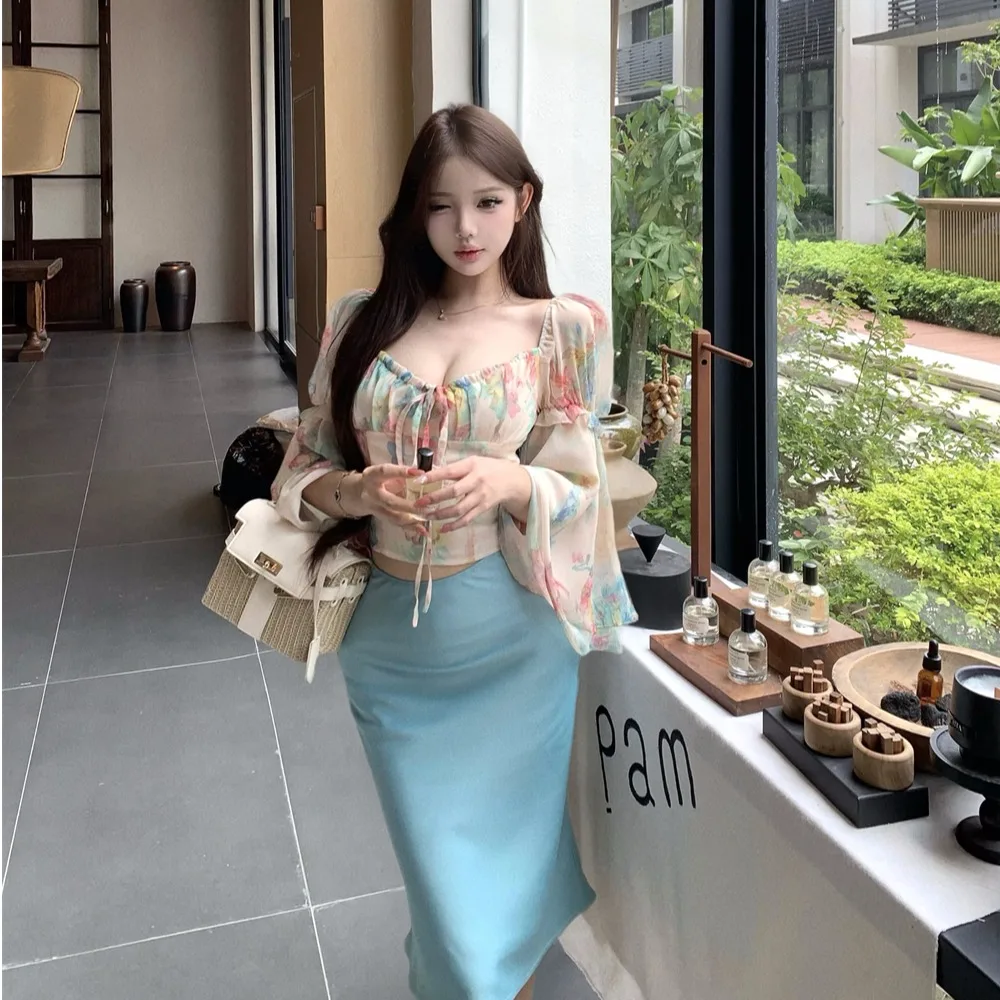 Watercolor Gradient Floral Chiffon Top High Waist Slimming Fish Tail Skirt Set Square Collar Design Short Length Fashionable ...