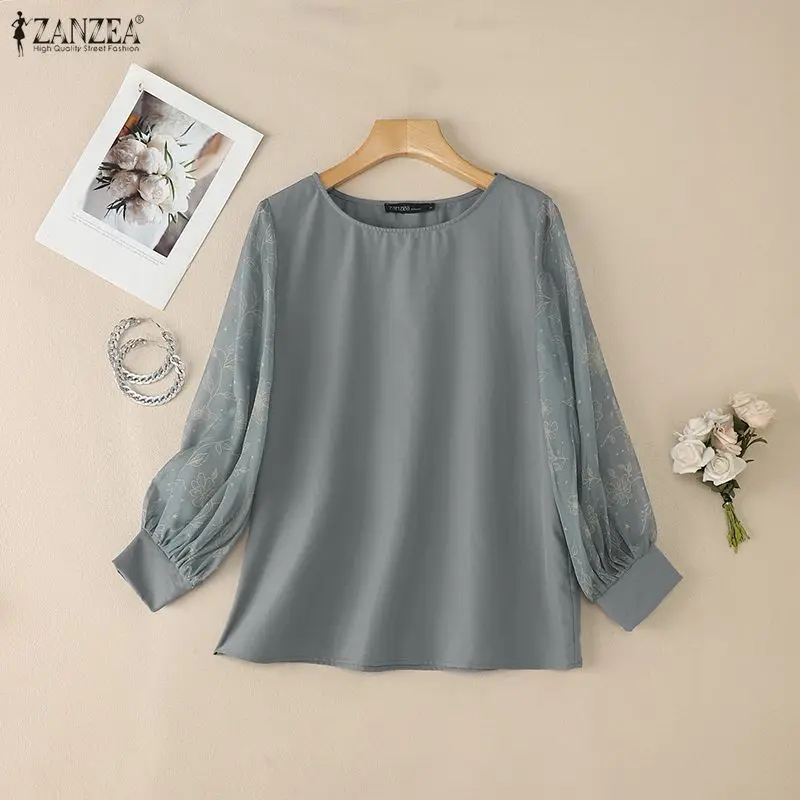 ZANZEA Bluzki damskie z szyfonu w kwiatowy wzór, z rękawami typu lampion, patchworkowe, codzienne bluzki z dekoltem w łódkę, wiosenno-letnie ubrania damskie, bluzki