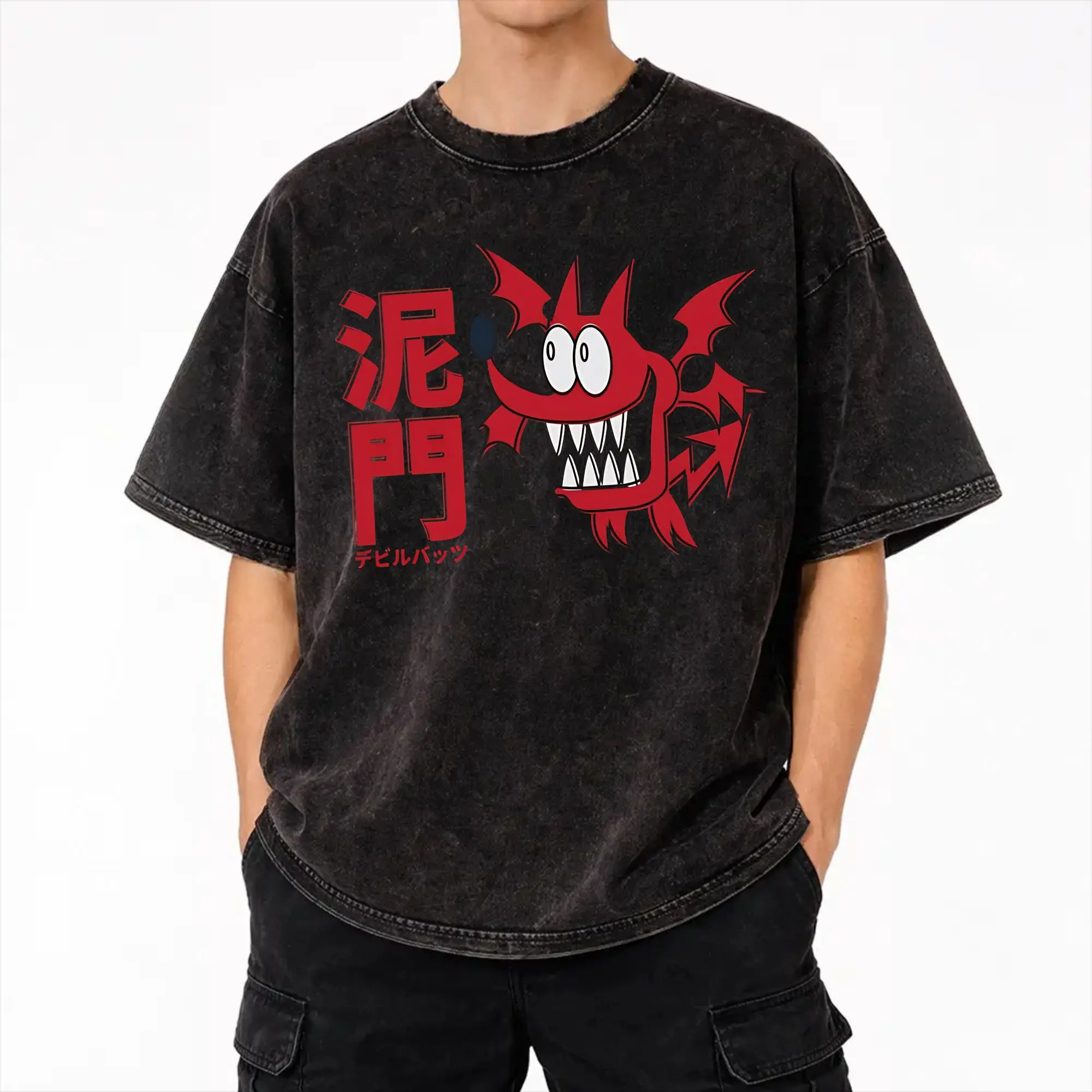 Harajuku Washed Shirt Deimon Devil Bats Eyeshield 21 Outfit Novelty T Shirt Oversize  Streetwear Cotton Printed Tee Shirt