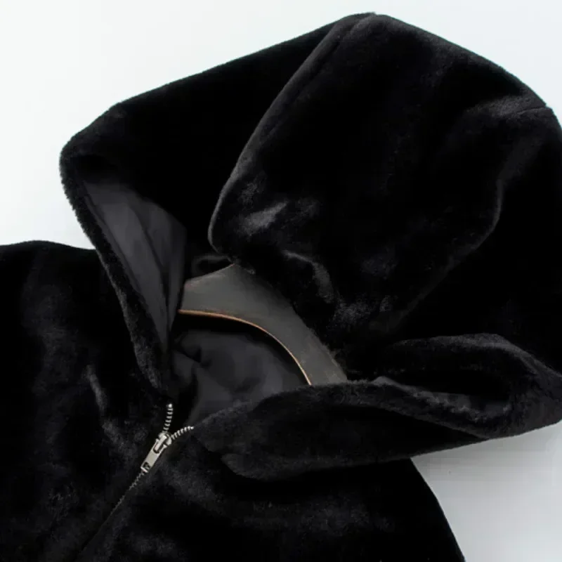 Abrigo Bomber de piel de conejo sintética con cremallera, chaqueta de felpa con capucha peluda de cintura alta, Parkas de forro polar, ropa de calle