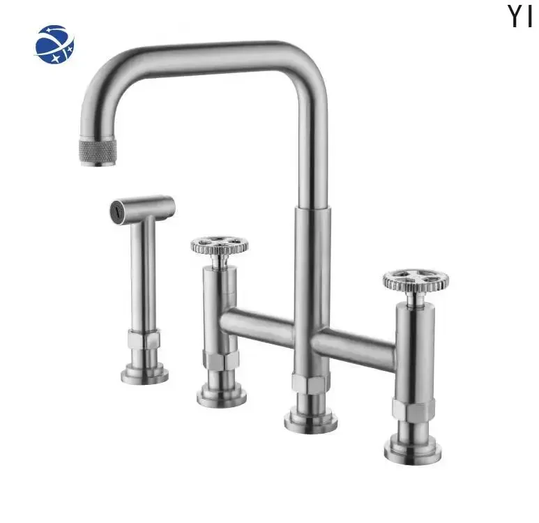 Seat style kitchen faucet with dual hot and cold faucets, vegetable washing basin, household splash proof with spray gun