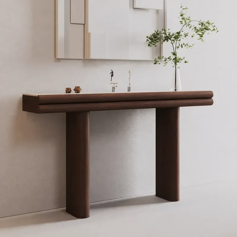 Travertine Solid Wood Entrance Table Italian Simple Log Style Entryway Platform Against Wall Corridor Flat Head Strip Console