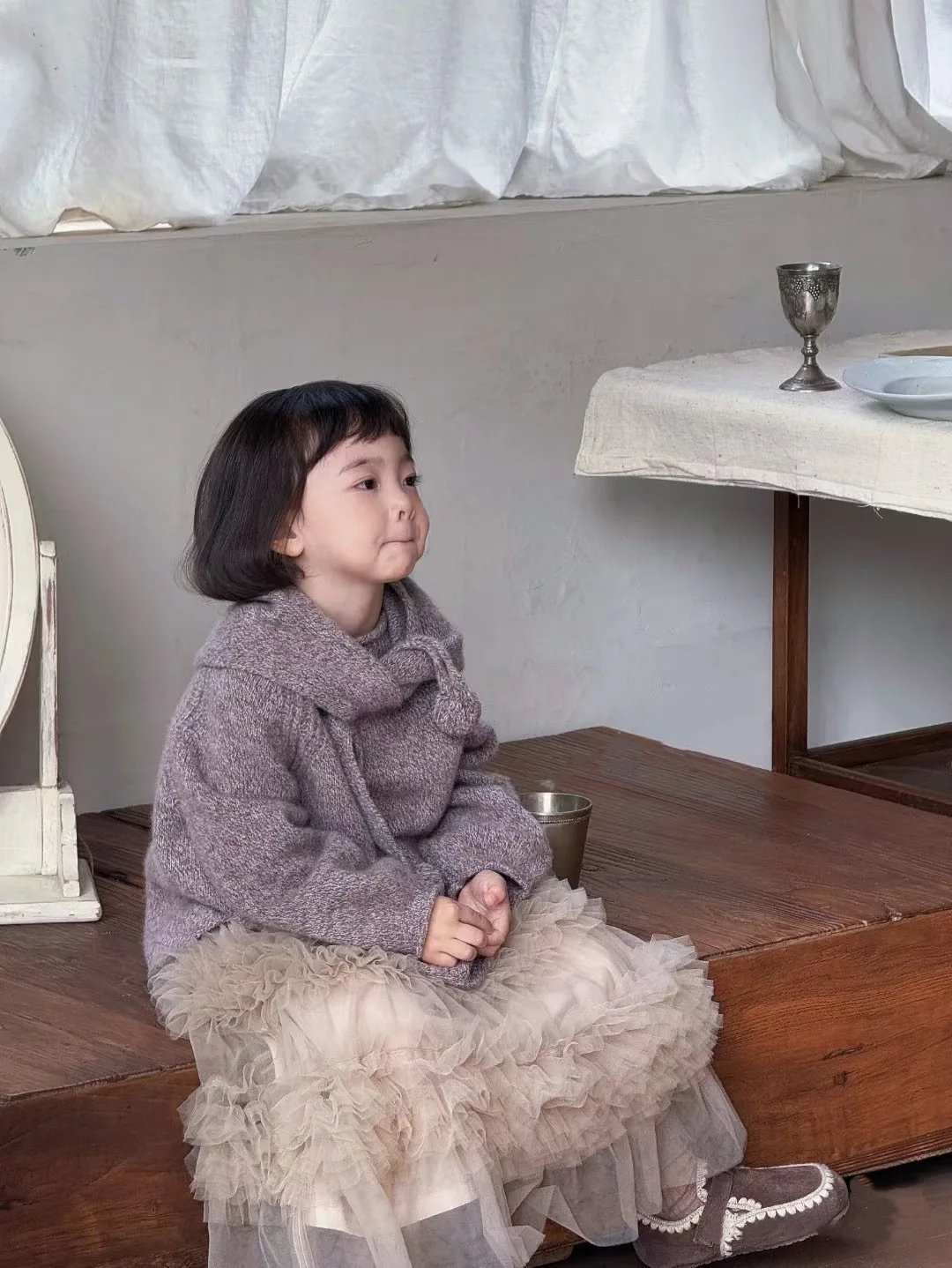 Korean Children Clothing 2024 Autumn Winter New Pure Purple Knit Suit Girl Warm Long Sleeve Sweater Cute Cake Knitted Skirt Set