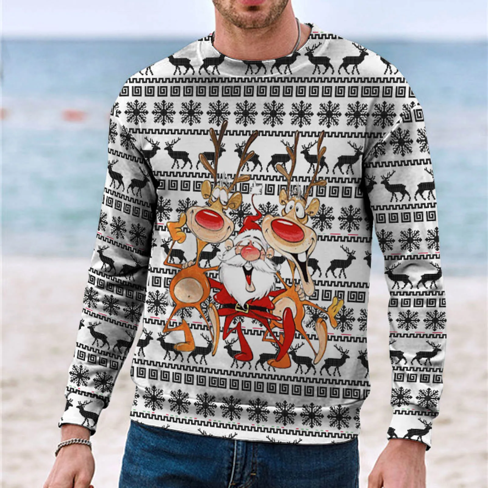 Camiseta con estampado de dibujos animados de Papá Noel para hombre, Camisa de algodón de imitación de Navidad, sudadera femenina, jersey de manga larga para hombre