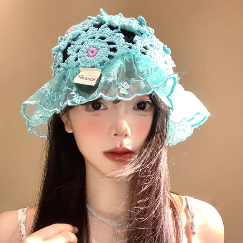 

Корейские элегантные кружевные вязаные крючком панамы ручной работы, женские летние дорожные модные универсальные тонкие дышащие полые пуловеры, кепки