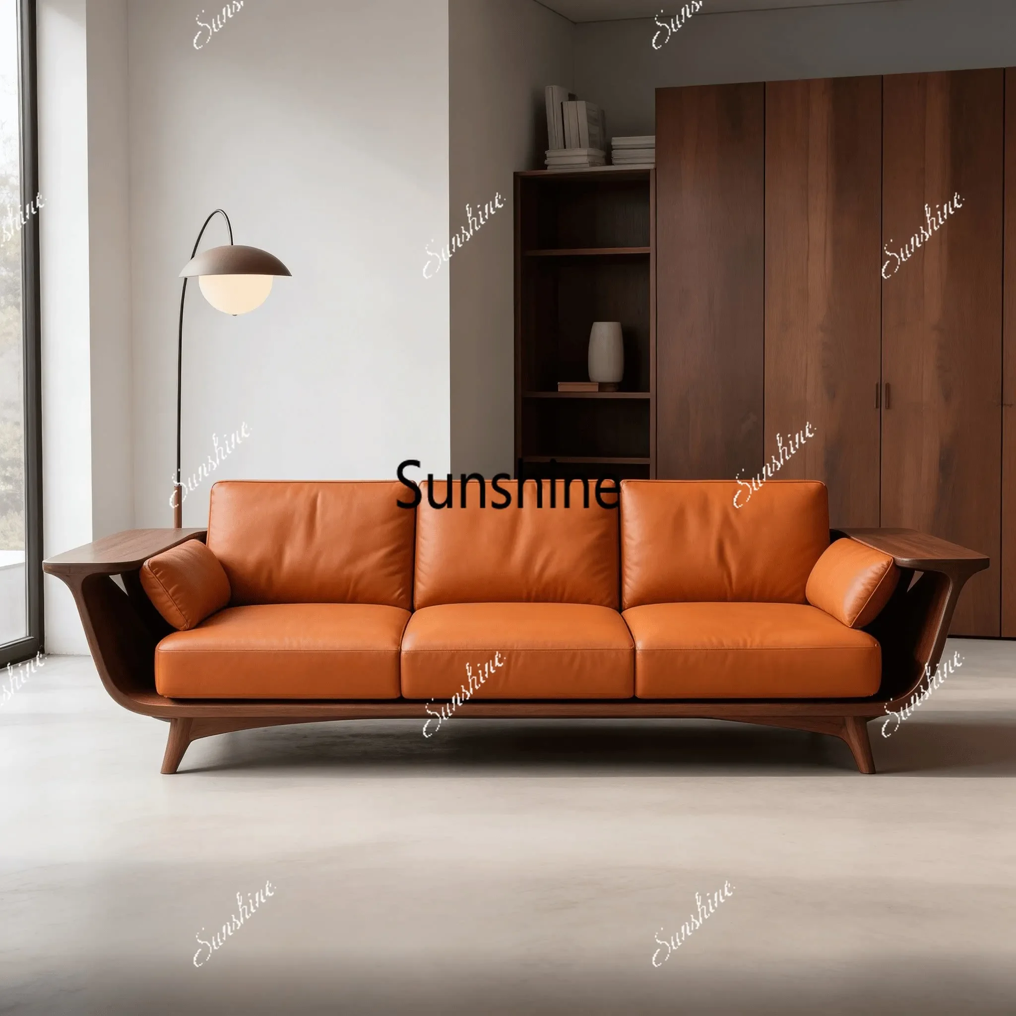 

YNew Chinese light luxury modern new living room straight row leather cloth solid wood sofa high-end customization