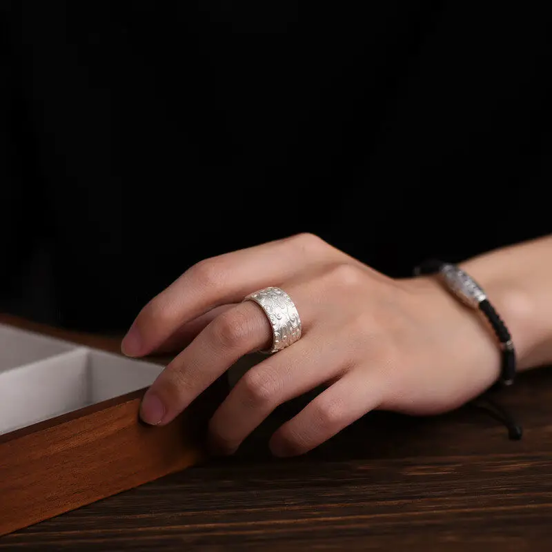 New999Sterling Silver Cloud Pattern Ring for Men, Fashionable Chinese Style Wide Open Adjustable Index Finger Ring, Vintage Gift