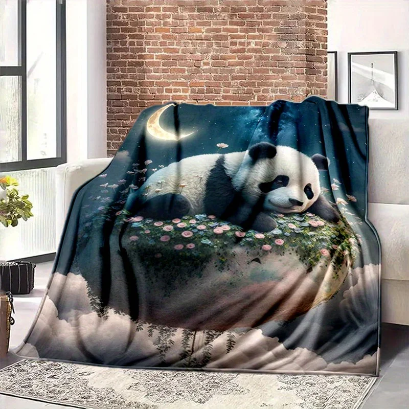 Contemporary Knitted Polyester Flannel Panda Blanket - Digital Print All-Season Bedding, Tear Resistant, Hand Wash - Versatile