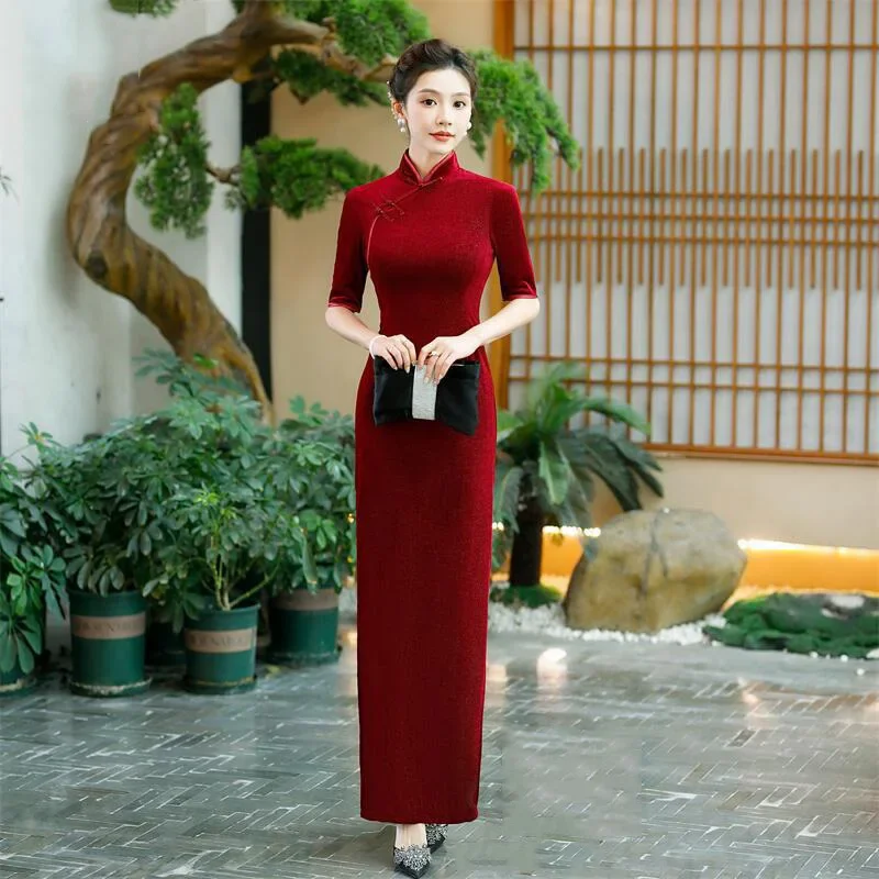 

Плюс размер, новый китайский стиль, Cheongsam, 4 цвета, винтажное бархатное платье с короткими рукавами, облегающие женские костюмы, элегантное Ципао от S до 5XL