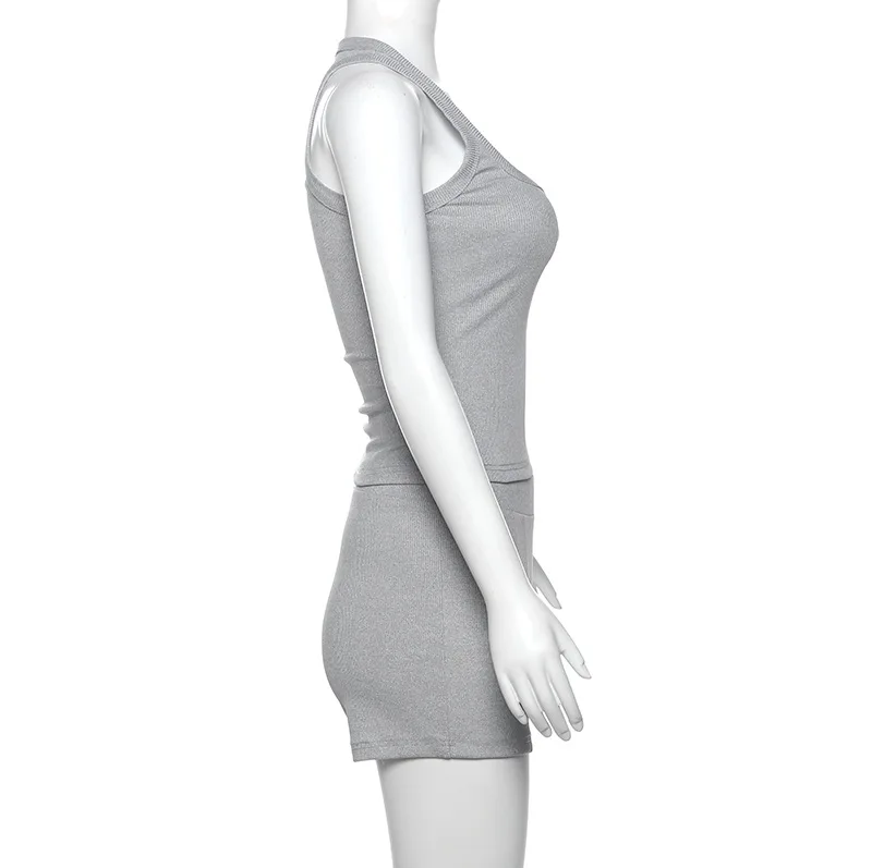 Tracksuits Casual Women 2 Piece Set Summer Daily Stretch U-neck Crop Vests+Ribbed Shorts Mujer Gym Concise Activewear