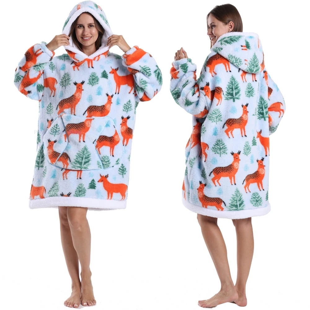 Sweater Hoodie Berukuran Besar Motif Hewan untuk Wanita, Jubah Tidur Bulu Lembut untuk Dewasa, Cocok untuk Natal, Musim Dingin, dan Bersantai di Rumah