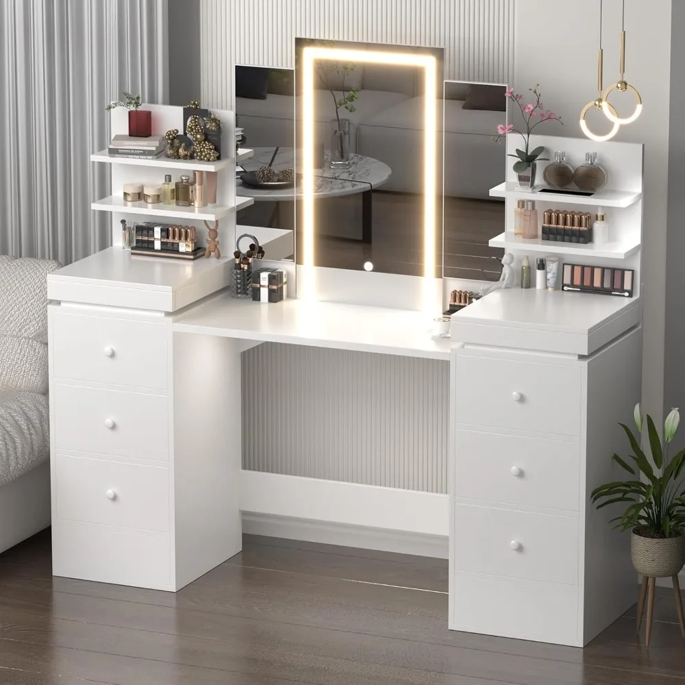 طاولة مكياج فانيتي مقاس 57.1 بوصة مع طاولة مرآة مضاءة مع مرآة ثلاثية الطي، 8 أدراج، 3 أوضاع إضاءة، أرفف تخزين مفتوحة، V