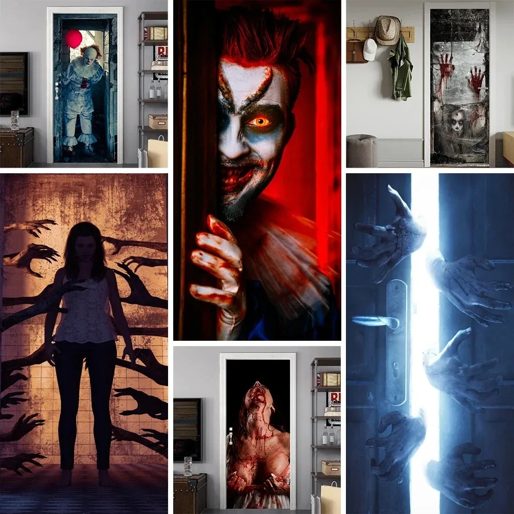 

Clown Halloween Decoration Horror Door Stickers Wallpaper Waterproof PVC Scary Ghost Witch Wardrobe Door Wrap Cover Decals