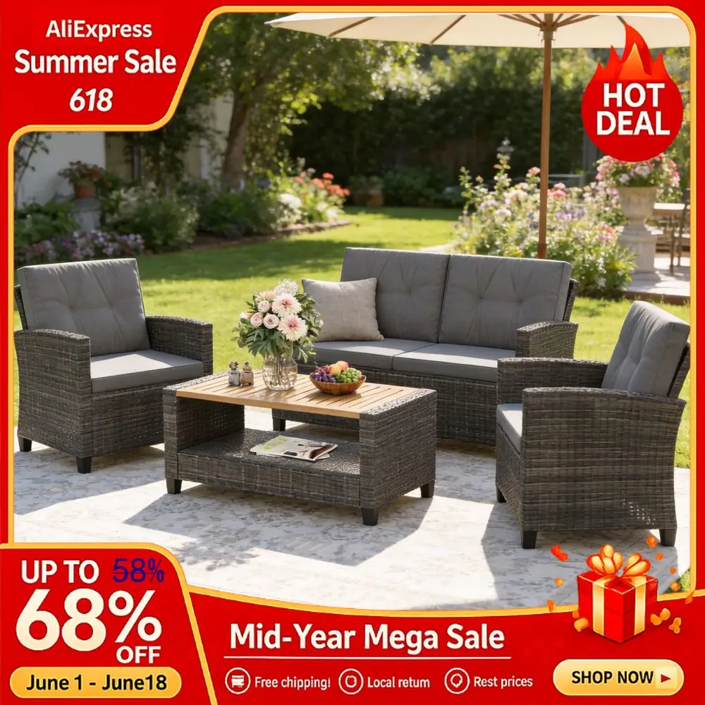 

4 Piece Patio Furniture Set, Wicker Outdoor Patio Conversation Furniture Set, All Weather Outdoor Patio Sofa with Cushion,Custom