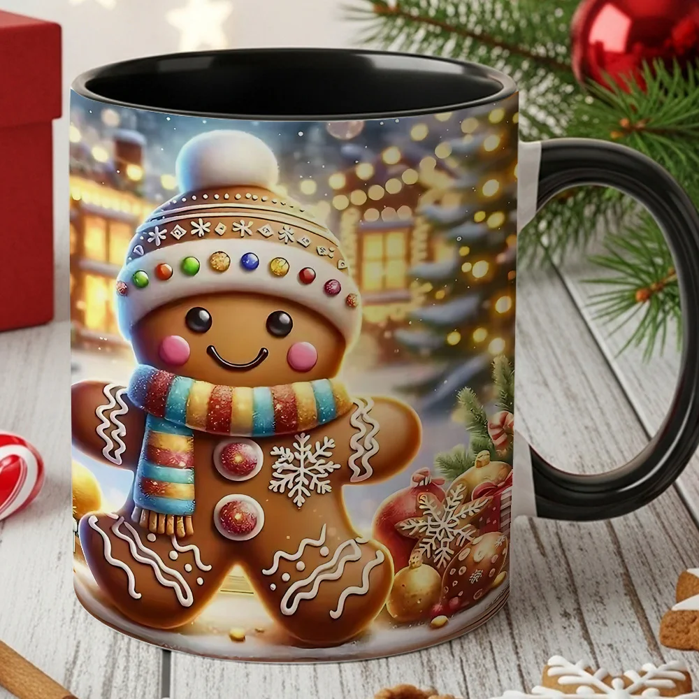 1pc Christmas Gingerbread for Man Coffee Mug with Cheerful Gingerbread Cookie Design - Cute Smiling Face, Icing & Sprinkles, Snowy Winter Scene - Durable Heat-Retaining Cup for Hot Cocoa, Tea, Coffee - Festive Holiday Gift for Family, Friends